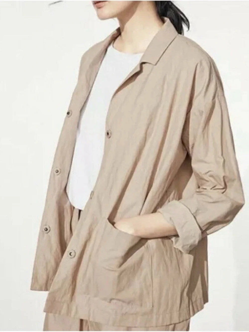 Eileen Fisher Organic Cotton Steel Boxy Jacket Bramble S Snap Blazer